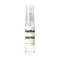"A small, clear glass spray bottle of Scentivia Perfumes' 'Smoke frame' Extrait de Parfum featuring an off-white label and clear cap, set against a black background."