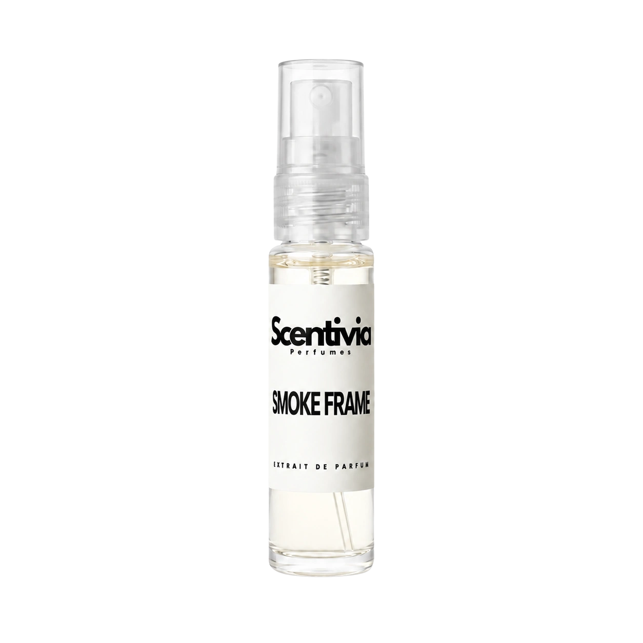 "A small, clear glass spray bottle of Scentivia Perfumes' 'Smoke frame' Extrait de Parfum featuring an off-white label and clear cap, set against a black background."