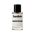 A glass bottle of Scentivia Perfumes 'Smoke frame' Extrait de Parfum against a black background, featuring a black cap, off-white label, and golden-amber liquid