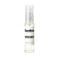 "A small, clear glass spray bottle of Scentivia Perfumes' 'Spice Drop' Extrait de Parfum featuring an off-white label and clear cap, set against a black background."