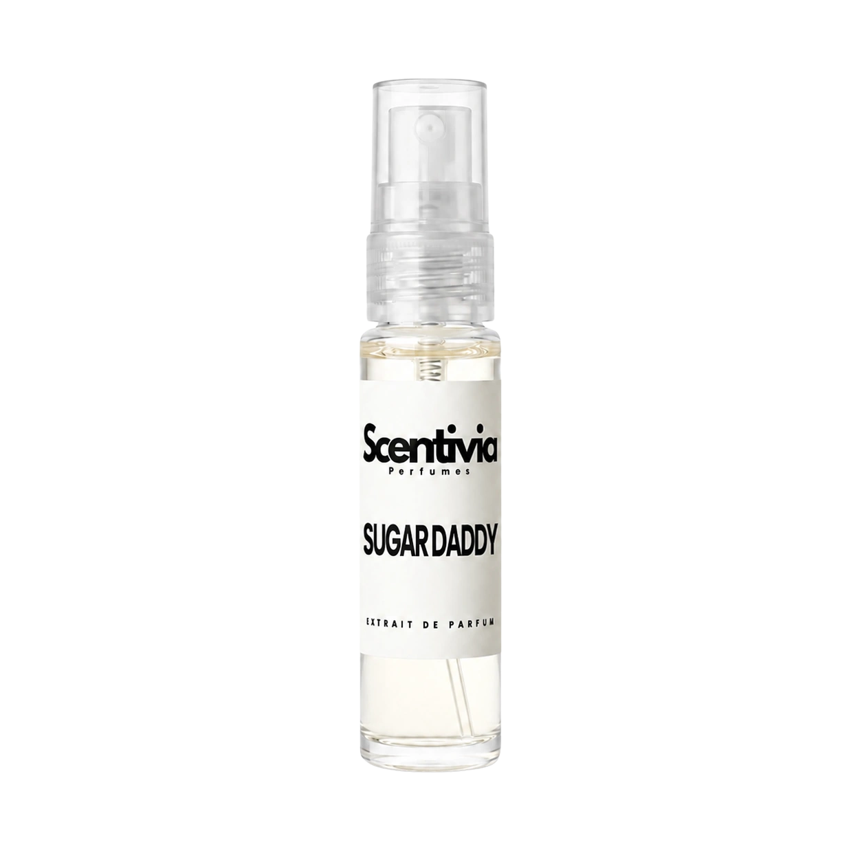 "A small, clear glass spray bottle of Scentivia Perfumes' 'Sugar daddy' Extrait de Parfum featuring an off-white label and clear cap, set against a black background."