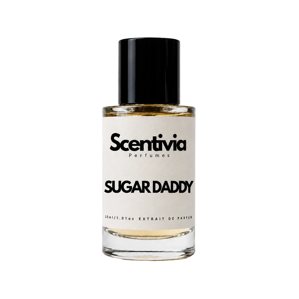A glass bottle of Scentivia Perfumes 'Sugar daddy' Extrait de Parfum against a black background, featuring a black cap, off-white label, and golden-amber liquid