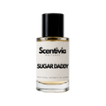 A glass bottle of Scentivia Perfumes 'Sugar daddy' Extrait de Parfum against a black background, featuring a black cap, off-white label, and golden-amber liquid