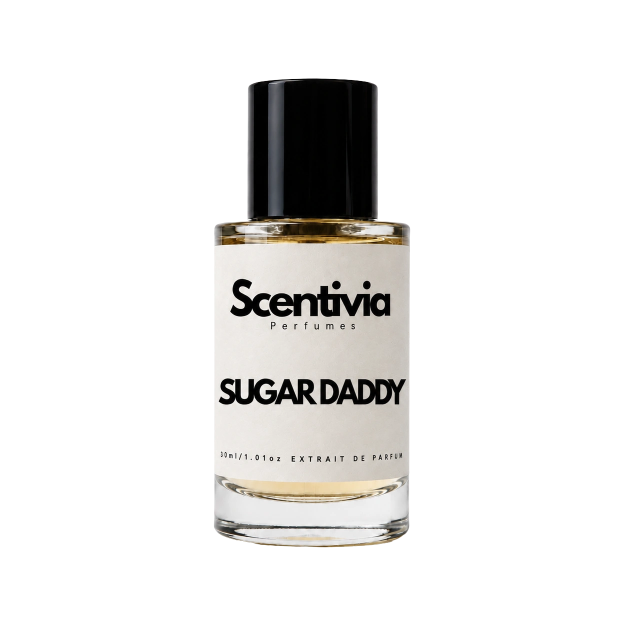 A glass bottle of Scentivia Perfumes 'Sugar daddy' Extrait de Parfum against a black background, featuring a black cap, off-white label, and golden-amber liquid