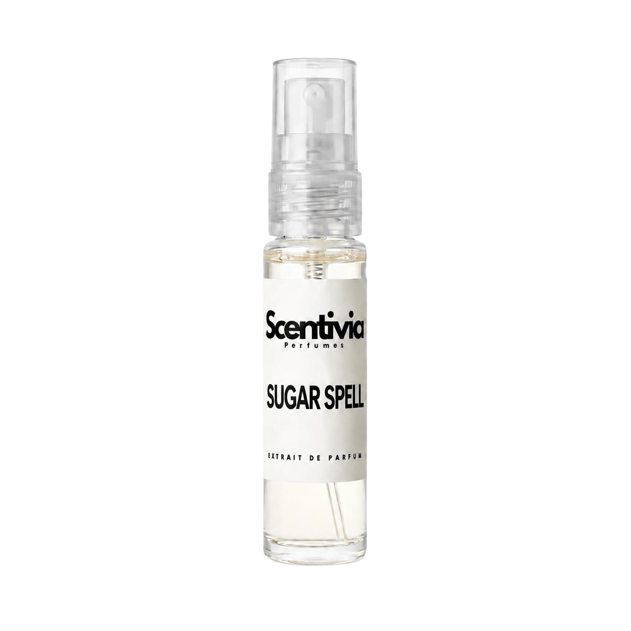 "A small, clear glass spray bottle of Scentivia Perfumes' 'Sugar spell' Extrait de Parfum featuring an off-white label and clear cap, set against a black background."