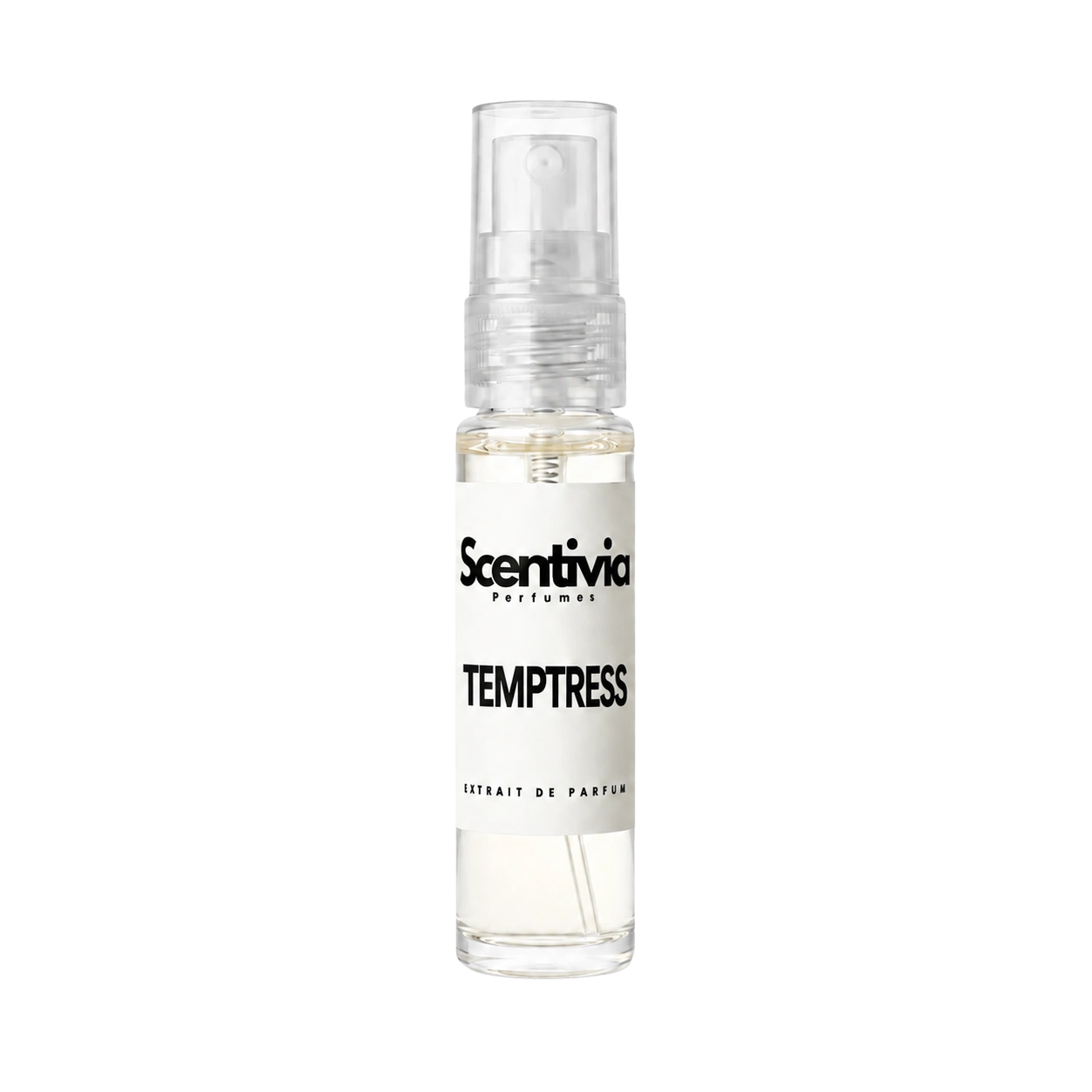 "A small, clear glass spray bottle of Scentivia Perfumes' 'Temptress' Extrait de Parfum featuring an off-white label and clear cap, set against a black background."
