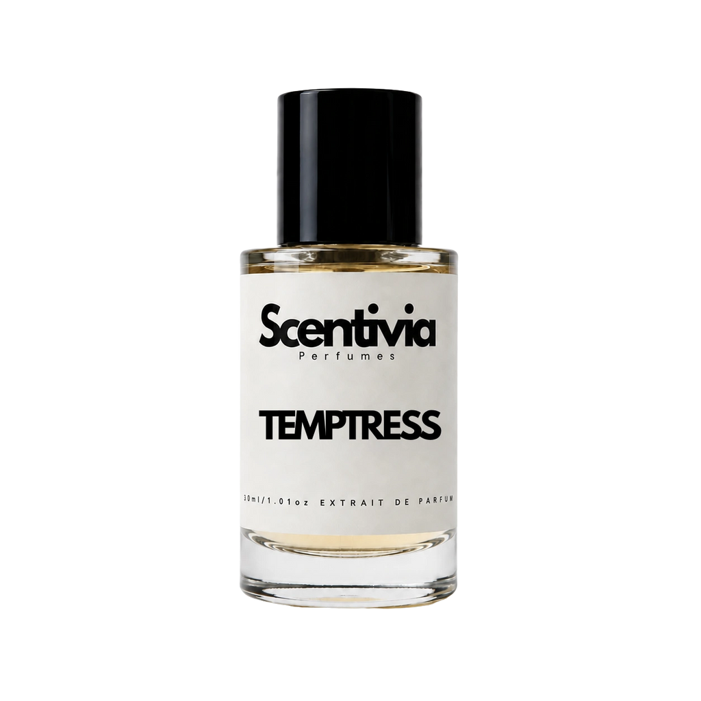 A glass bottle of Scentivia Perfumes 'Temptress' Extrait de Parfum against a black background, featuring a black cap, off-white label, and golden-amber liquid