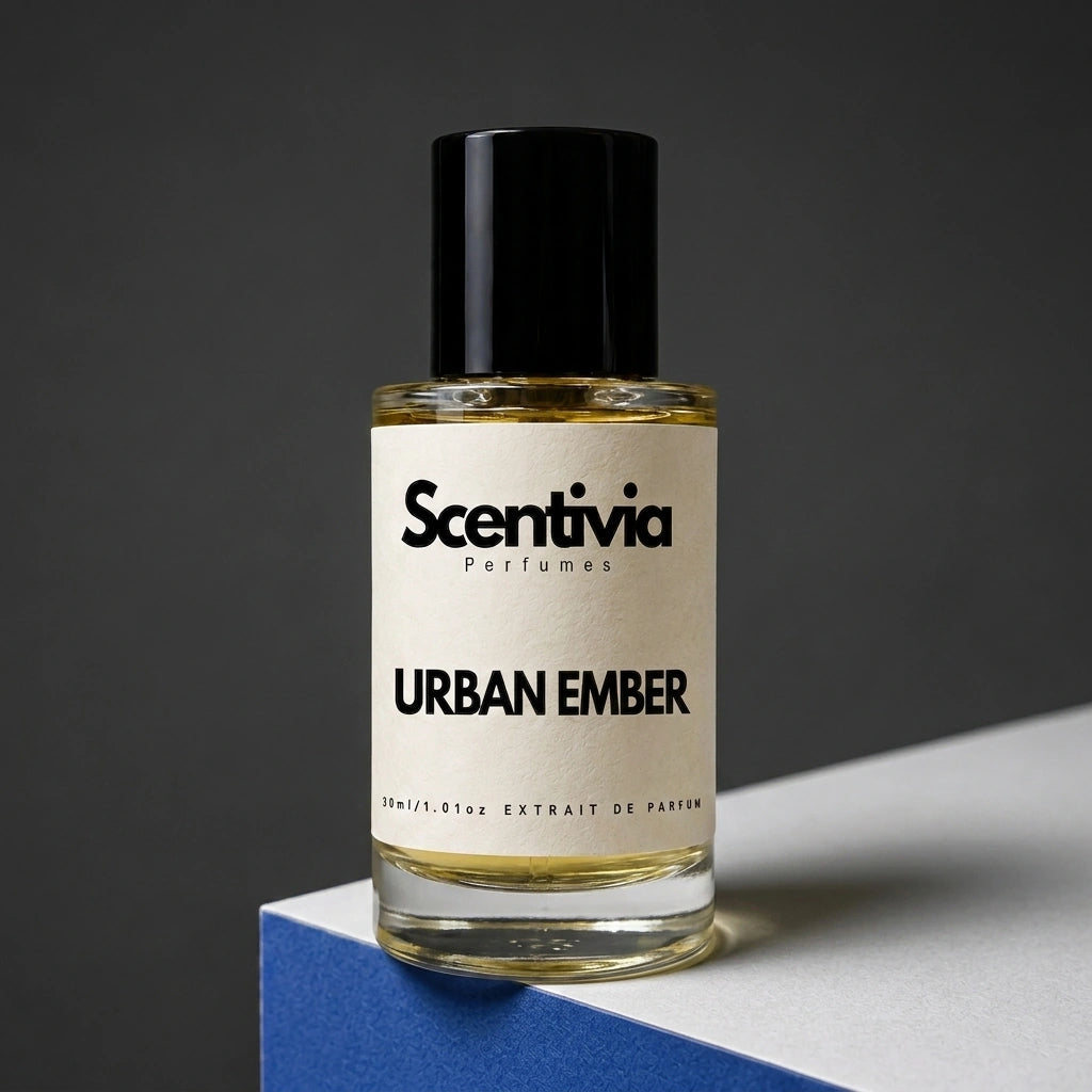 Scentivia Perfumes URBAN EMBER 30ml extrait de parfum bottle mockup showcased on a modern blue and white geometric podium setup against a dark grey studio background.