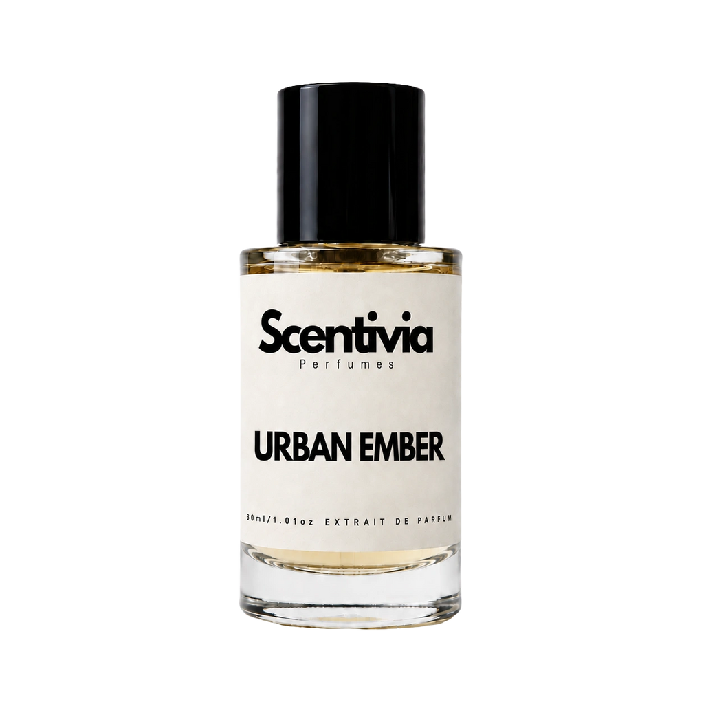 A glass bottle of Scentivia Perfumes 'Urban Ember' Extrait de Parfum against a black background, featuring a black cap, off-white label, and golden-amber liquid