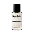 A glass bottle of Scentivia Perfumes 'Urban Ember' Extrait de Parfum against a black background, featuring a black cap, off-white label, and golden-amber liquid