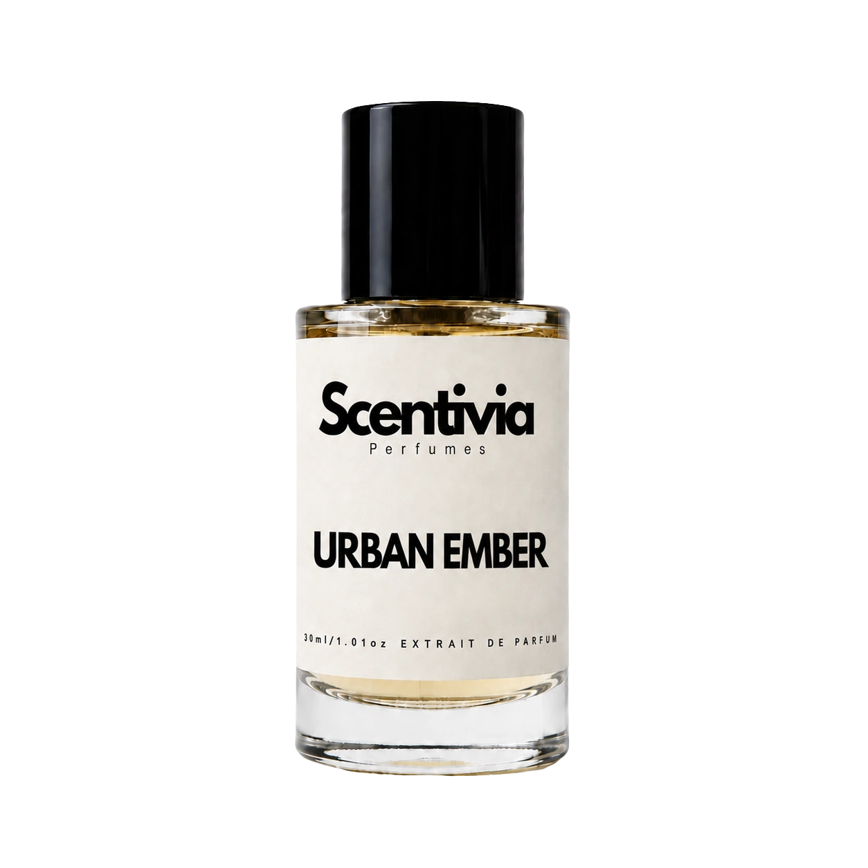 A glass bottle of Scentivia Perfumes 'Urban Ember' Extrait de Parfum against a black background, featuring a black cap, off-white label, and golden-amber liquid