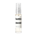 "A small, clear glass spray bottle of Scentivia Perfumes' 'Urban ember' Extrait de Parfum featuring an off-white label and clear cap, set against a black background."