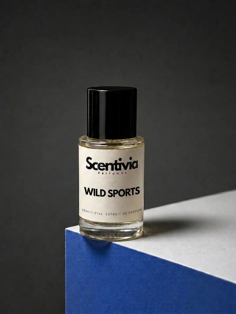 Scentivia Perfumes WILD SPORTS 30ml extrait de parfum bottle mockup showcased on a modern blue and white geometric podium setup against a dark grey studio background.