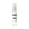"A small, clear glass spray bottle of Scentivia Perfumes' 'Wardiya' Extrait de Parfum featuring an off-white label and clear cap, set against a black background."