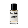 A glass bottle of Scentivia Perfumes 'Wardiya' Extrait de Parfum against a black background, featuring a black cap, off-white label, and golden-amber liquid