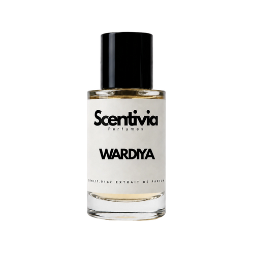 A glass bottle of Scentivia Perfumes 'Wardiya' Extrait de Parfum against a black background, featuring a black cap, off-white label, and golden-amber liquid