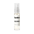 "A small, clear glass spray bottle of Scentivia Perfumes' 'Wild sports' Extrait de Parfum featuring an off-white label and clear cap, set against a black background."
