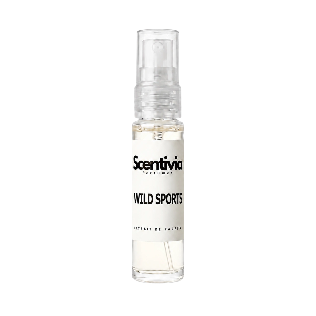 "A small, clear glass spray bottle of Scentivia Perfumes' 'Wild sports' Extrait de Parfum featuring an off-white label and clear cap, set against a black background."