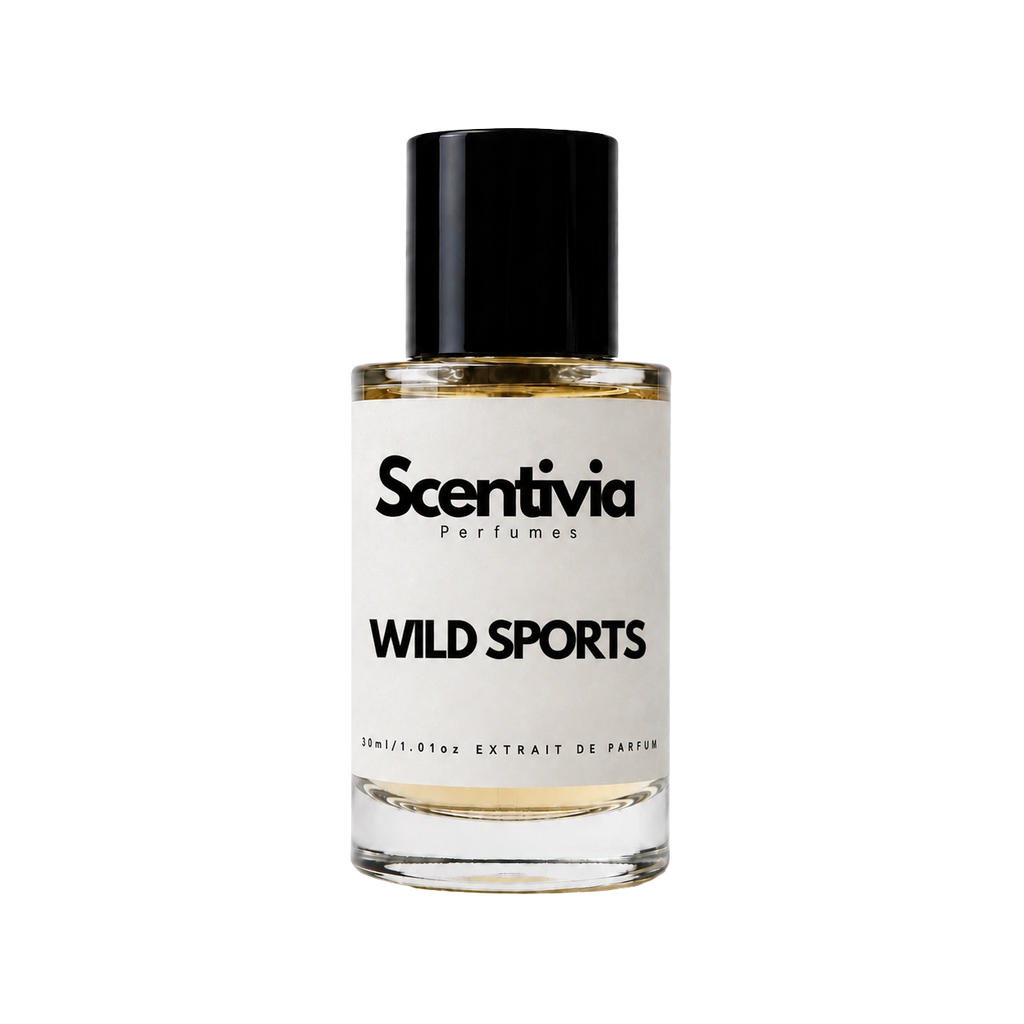 A glass bottle of Scentivia Perfumes' 'wild sports' Extrait de Parfum against a black background, featuring a black cap, off-white label, and golden-amber liquid