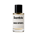 A glass bottle of Scentivia Perfumes' 'wild sports' Extrait de Parfum against a black background, featuring a black cap, off-white label, and golden-amber liquid