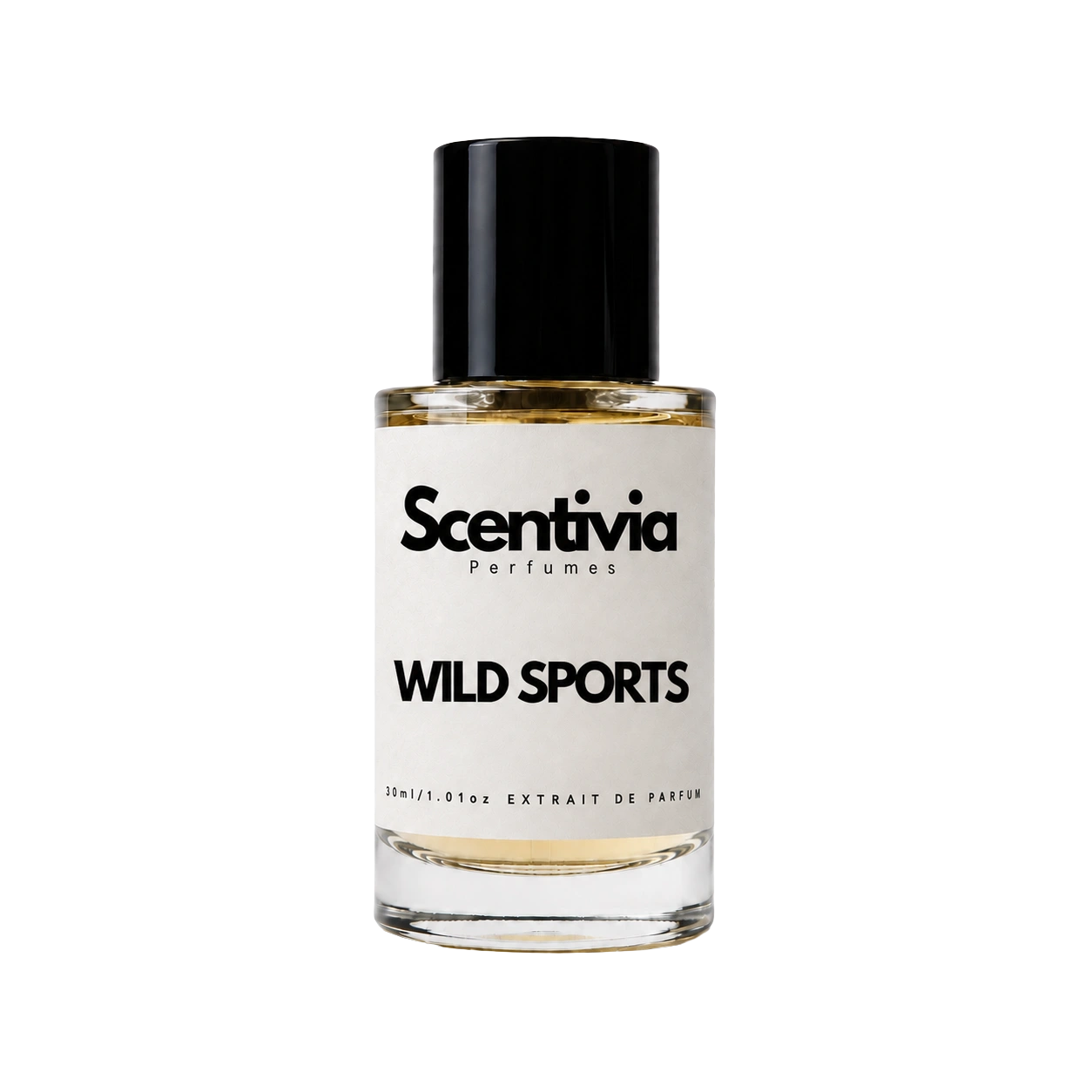 A glass bottle of Scentivia Perfumes' 'wild sports' Extrait de Parfum against a black background, featuring a black cap, off-white label, and golden-amber liquid