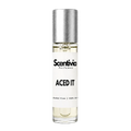 ACED IT roll-on perfume by Scentivia in a clear glass bottle with a silver cap, featuring a white label, pale golden fragrance oil, and alcohol-free, 100% oil-based formulation.
