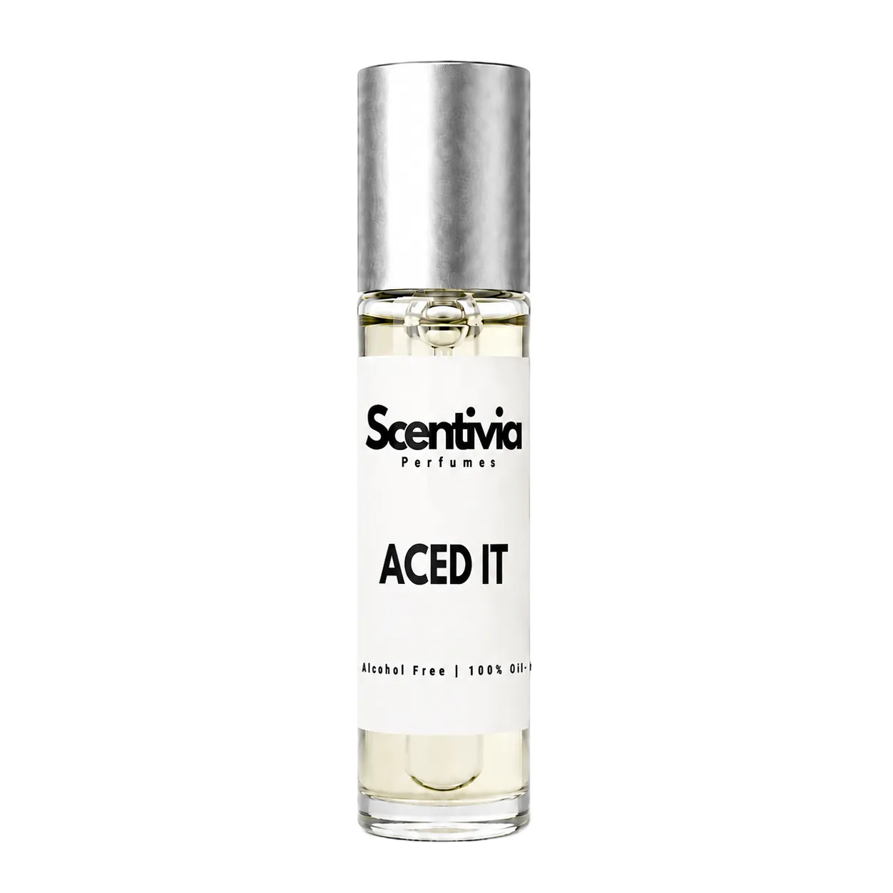 ACED IT roll-on perfume by Scentivia in a clear glass bottle with a silver cap, featuring a white label, pale golden fragrance oil, and alcohol-free, 100% oil-based formulation.
