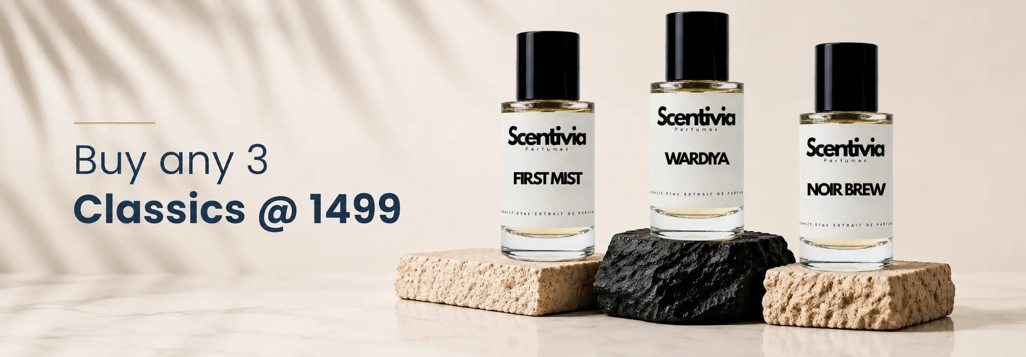 Three Scentivia perfume bottles on a beige background with promotional text.