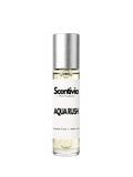 AQUA RUSH roll-on perfume by Scentivia in a clear glass bottle with a silver cap, featuring a white label, pale golden fragrance oil, and alcohol-free, 100% oil-based formulation.
