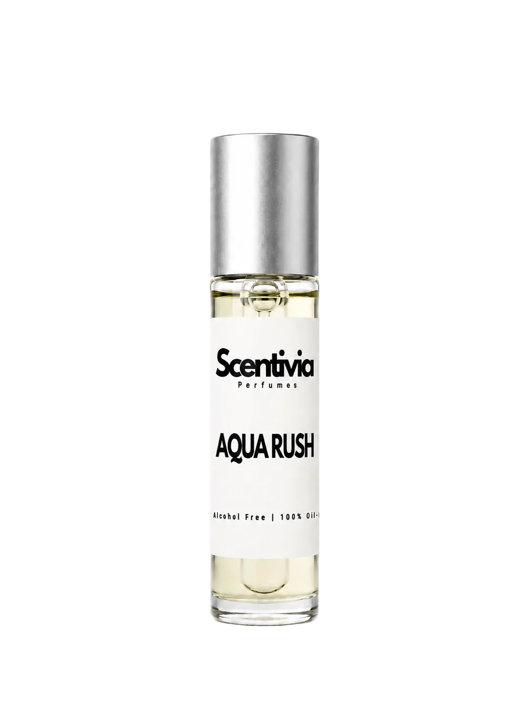 AQUA RUSH roll-on perfume by Scentivia in a clear glass bottle with a silver cap, featuring a white label, pale golden fragrance oil, and alcohol-free, 100% oil-based formulation.
