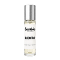 BLOOM TRAP roll-on perfume by Scentivia in a clear glass bottle with a silver cap, featuring a white label, pale golden fragrance oil, and alcohol-free, 100% oil-based formulation.
