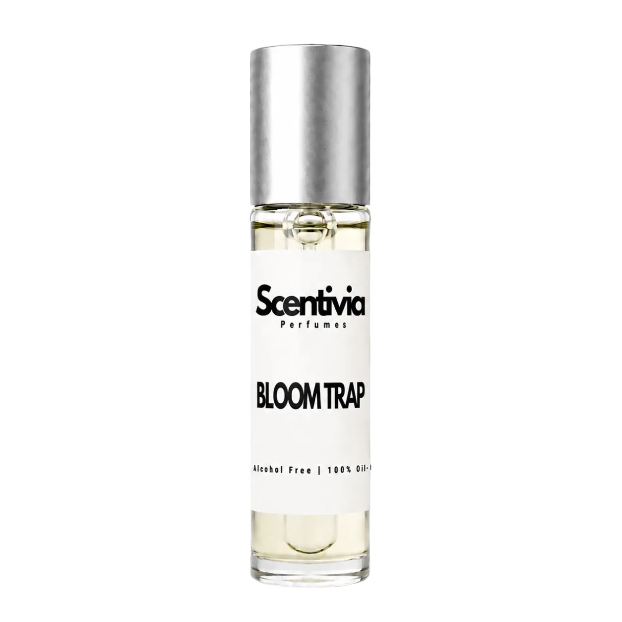 Perfume bottle labeled 'Scentivia Bloom Trap' on a white background