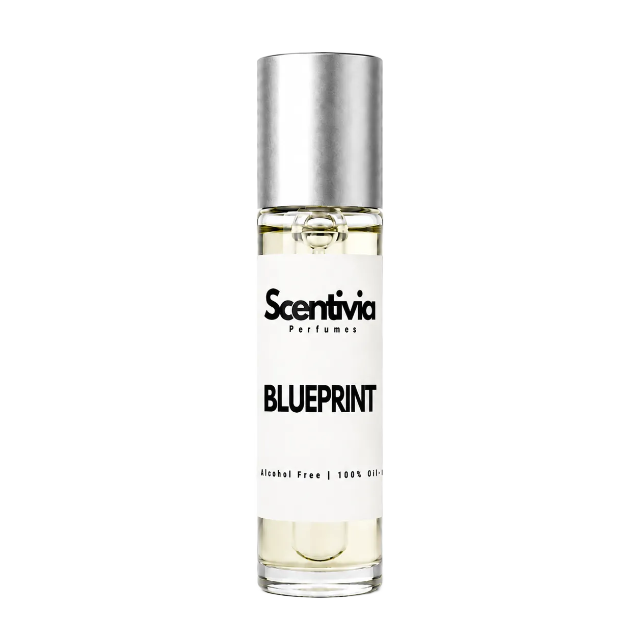 BLUEPRINT roll-on perfume by Scentivia in a clear glass bottle with a silver cap, featuring a white label, pale golden fragrance oil, and alcohol-free, 100% oil-based formulation.
