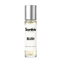 BLUSH roll-on perfume by Scentivia in a clear glass bottle with a silver cap, featuring a white label, pale golden fragrance oil, and alcohol-free, 100% oil-based formulation.
