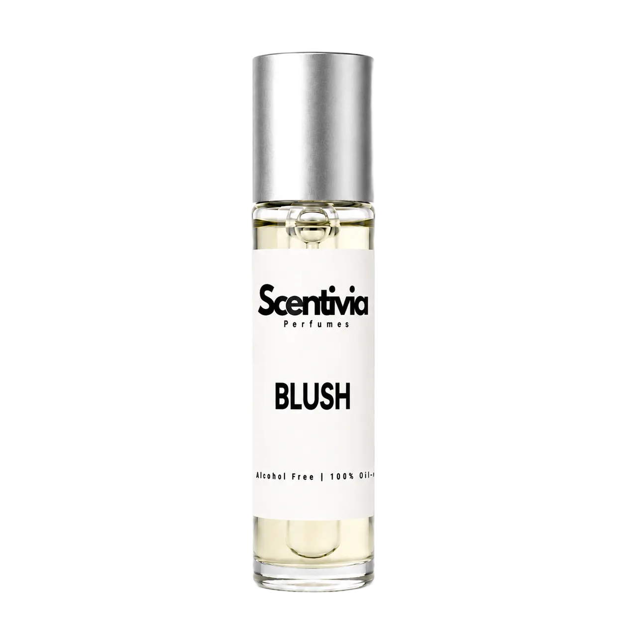 BLUSH roll-on perfume by Scentivia in a clear glass bottle with a silver cap, featuring a white label, pale golden fragrance oil, and alcohol-free, 100% oil-based formulation.
