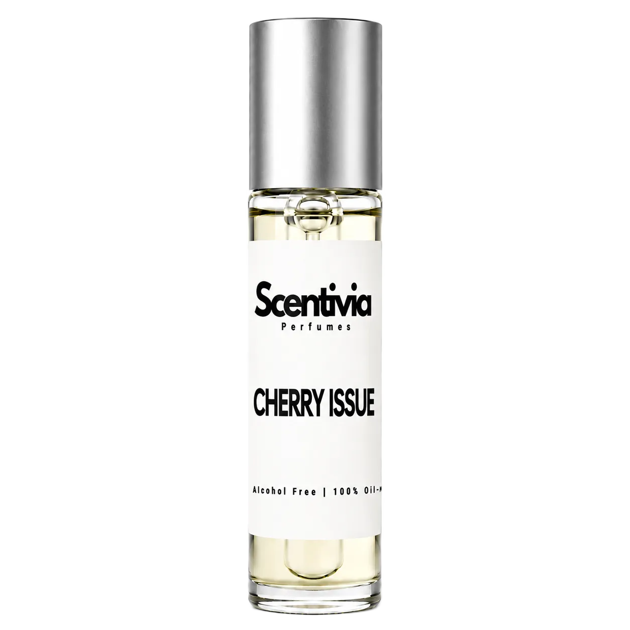 CHERRY ISSUE roll-on perfume by Scentivia in a clear glass bottle with a silver cap, featuring a white label, pale golden fragrance oil, and alcohol-free, 100% oil-based formulation.
