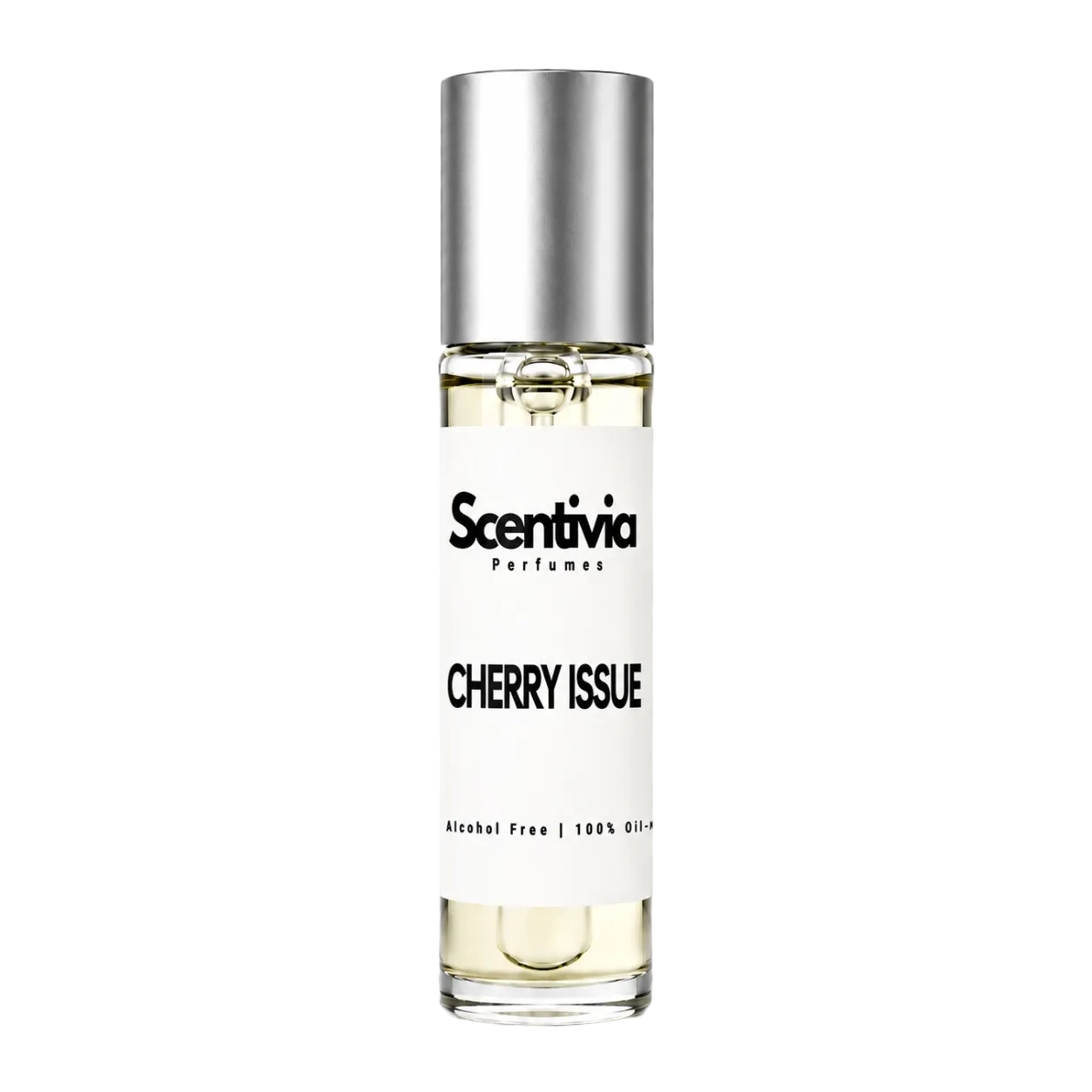 CHERRY ISSUE roll-on perfume by Scentivia in a clear glass bottle with a silver cap, featuring a white label, pale golden fragrance oil, and alcohol-free, 100% oil-based formulation.