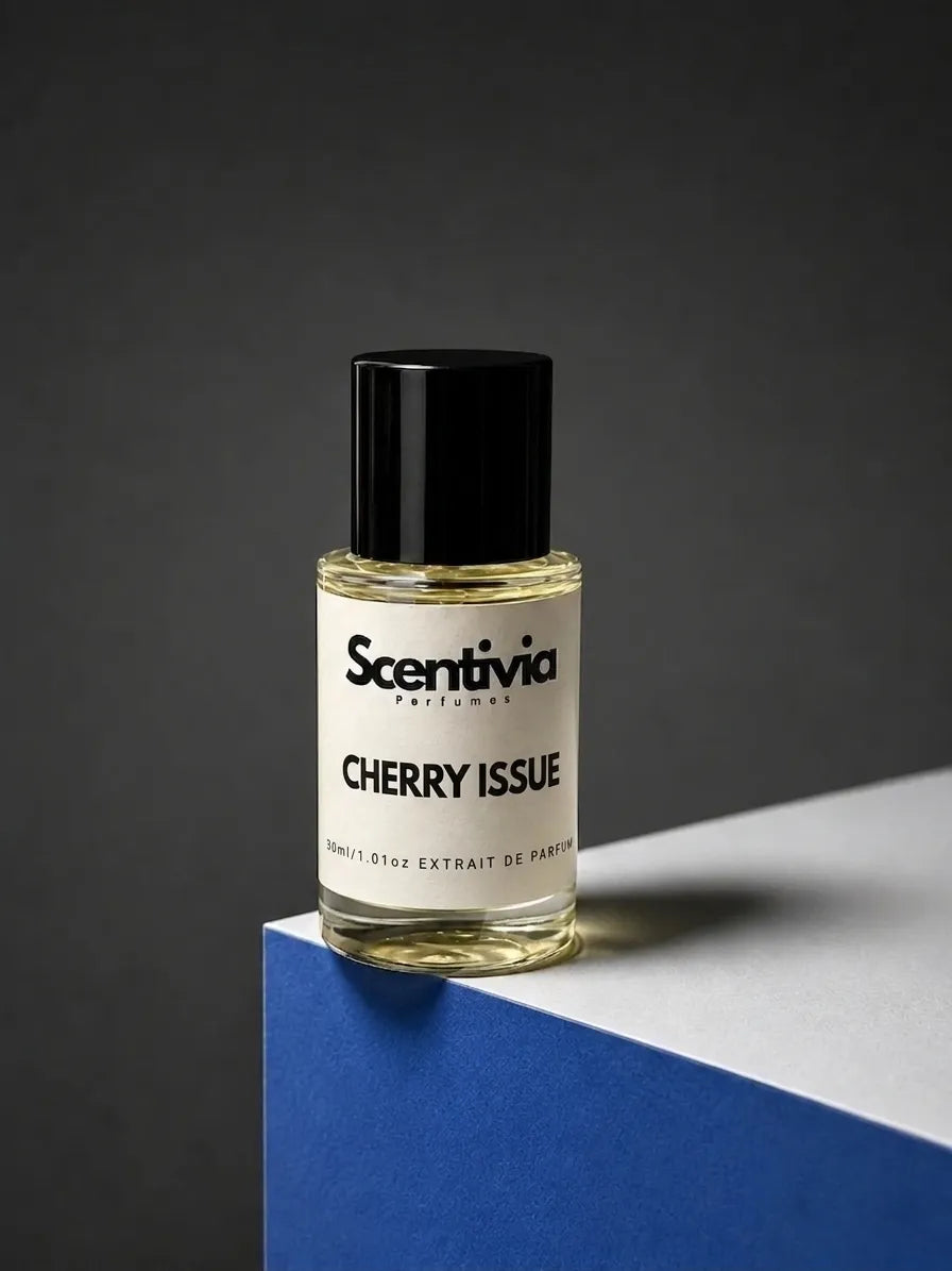 Scentivia Perfumes CHERRY ISSUE 30ml extrait de parfum bottle mockup showcased on a modern blue and white geometric podium setup against a dark grey studio background.