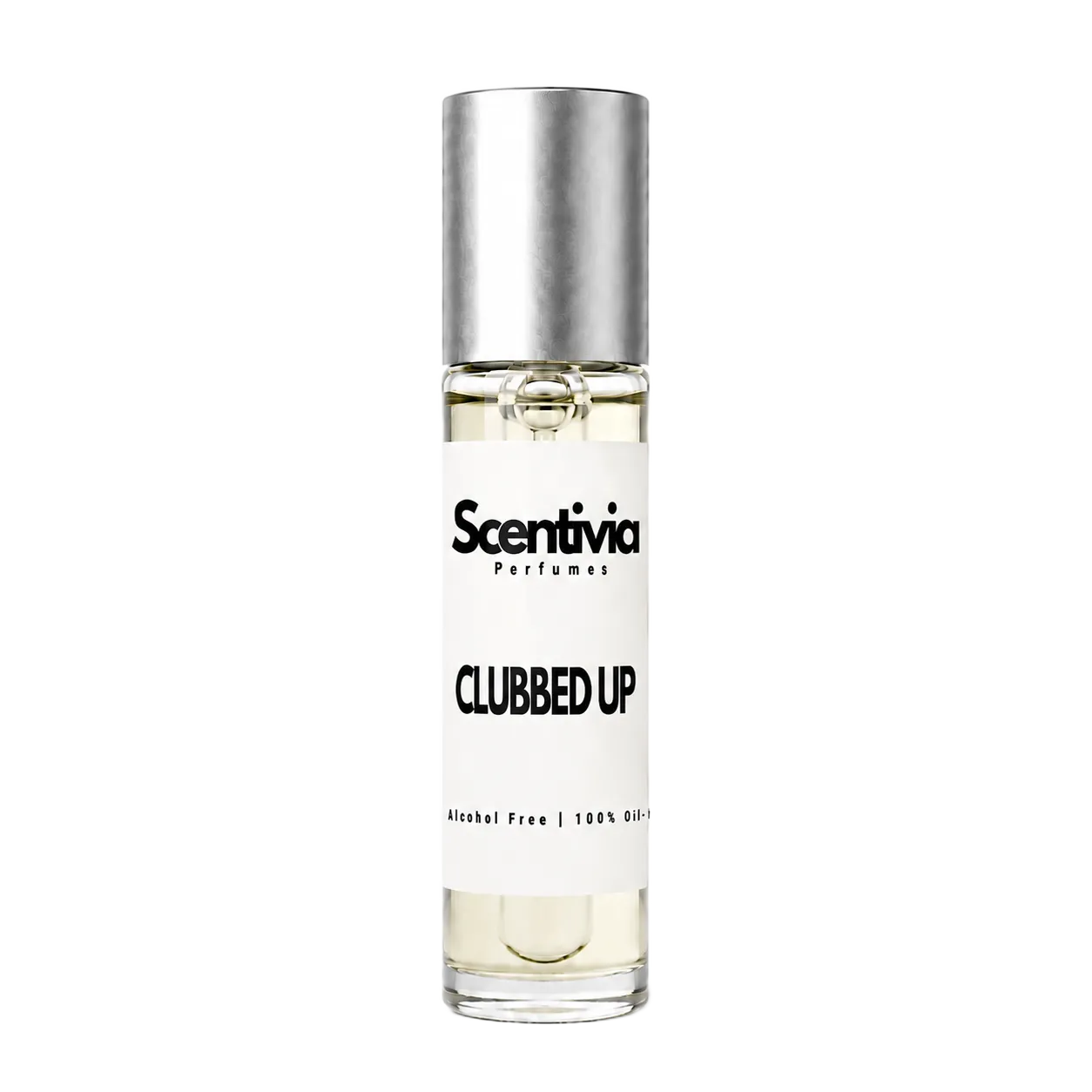 CLUBBED UP roll-on perfume by Scentivia in a clear glass bottle with a silver cap, featuring a white label, pale golden fragrance oil, and alcohol-free, 100% oil-based formulation.
