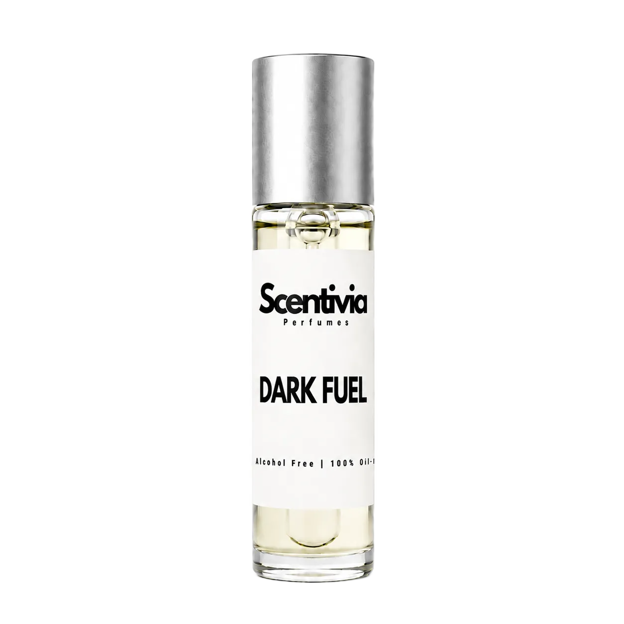 DRAK FUEL roll-on perfume by Scentivia in a clear glass bottle with a silver cap, featuring a white label, pale golden fragrance oil, and alcohol-free, 100% oil-based formulation.
