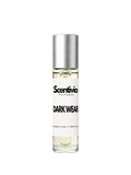 DARK WEAR roll-on perfume by Scentivia in a clear glass bottle with a silver cap, featuring a white label, pale golden fragrance oil, and alcohol-free, 100% oil-based formulation.
