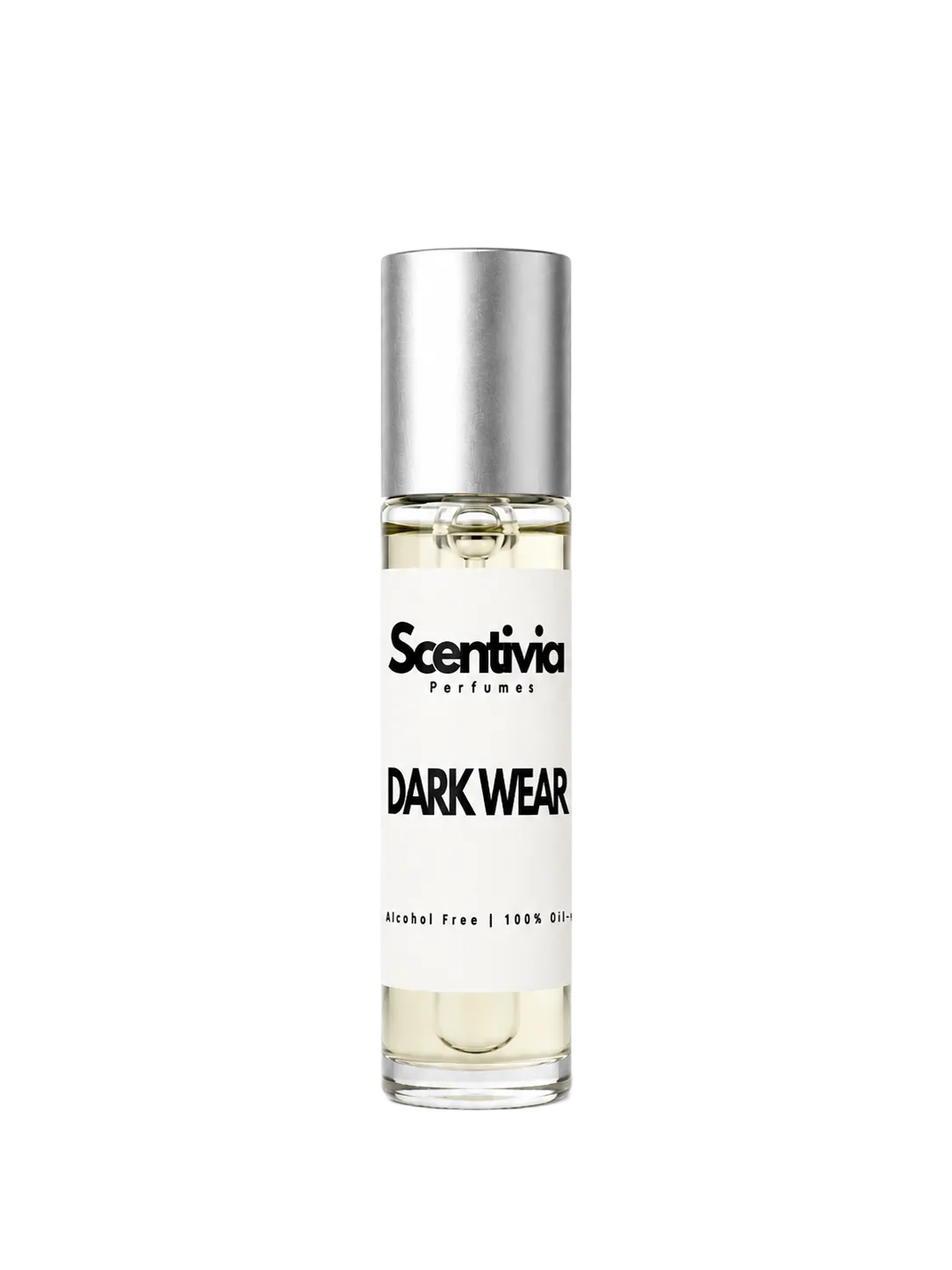 DARK WEAR roll-on perfume by Scentivia in a clear glass bottle with a silver cap, featuring a white label, pale golden fragrance oil, and alcohol-free, 100% oil-based formulation.
