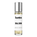 DEAL DONE roll-on perfume by Scentivia in a clear glass bottle with a silver cap, featuring a white label, pale golden fragrance oil, and alcohol-free, 100% oil-based formulation.
