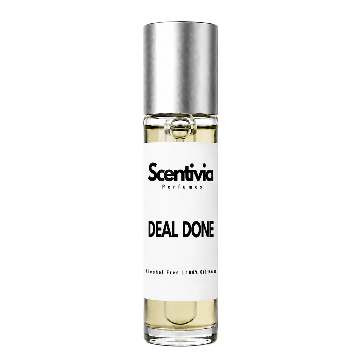 DEAL DONE roll-on perfume by Scentivia in a clear glass bottle with a silver cap, featuring a white label, pale golden fragrance oil, and alcohol-free, 100% oil-based formulation.
