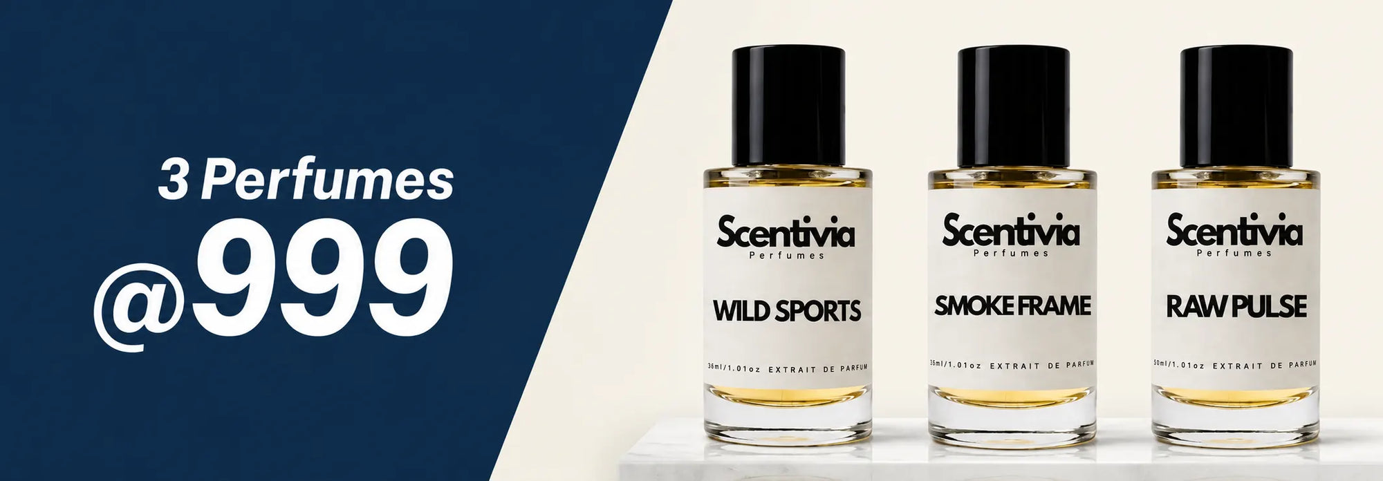 Three Scentivia perfumes displayed with a promotional offer on a blue and white background.