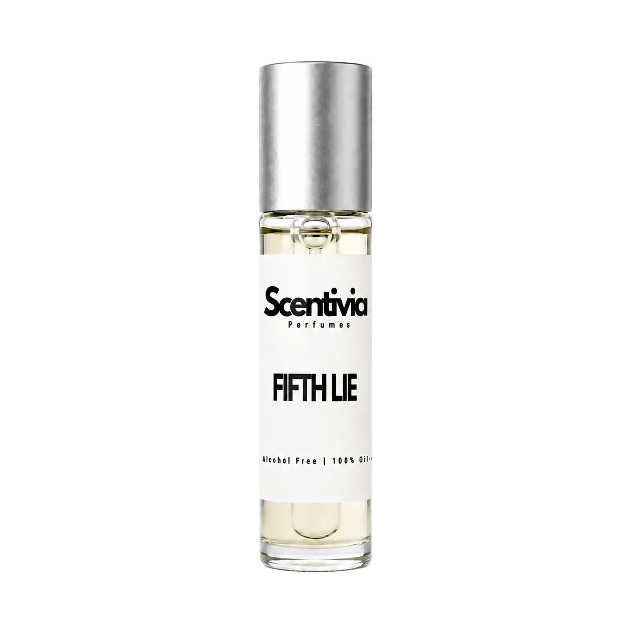 FIFTH LIE roll-on perfume by Scentivia in a clear glass bottle with a silver cap, featuring a white label, pale golden fragrance oil, and alcohol-free, 100% oil-based formulation.
