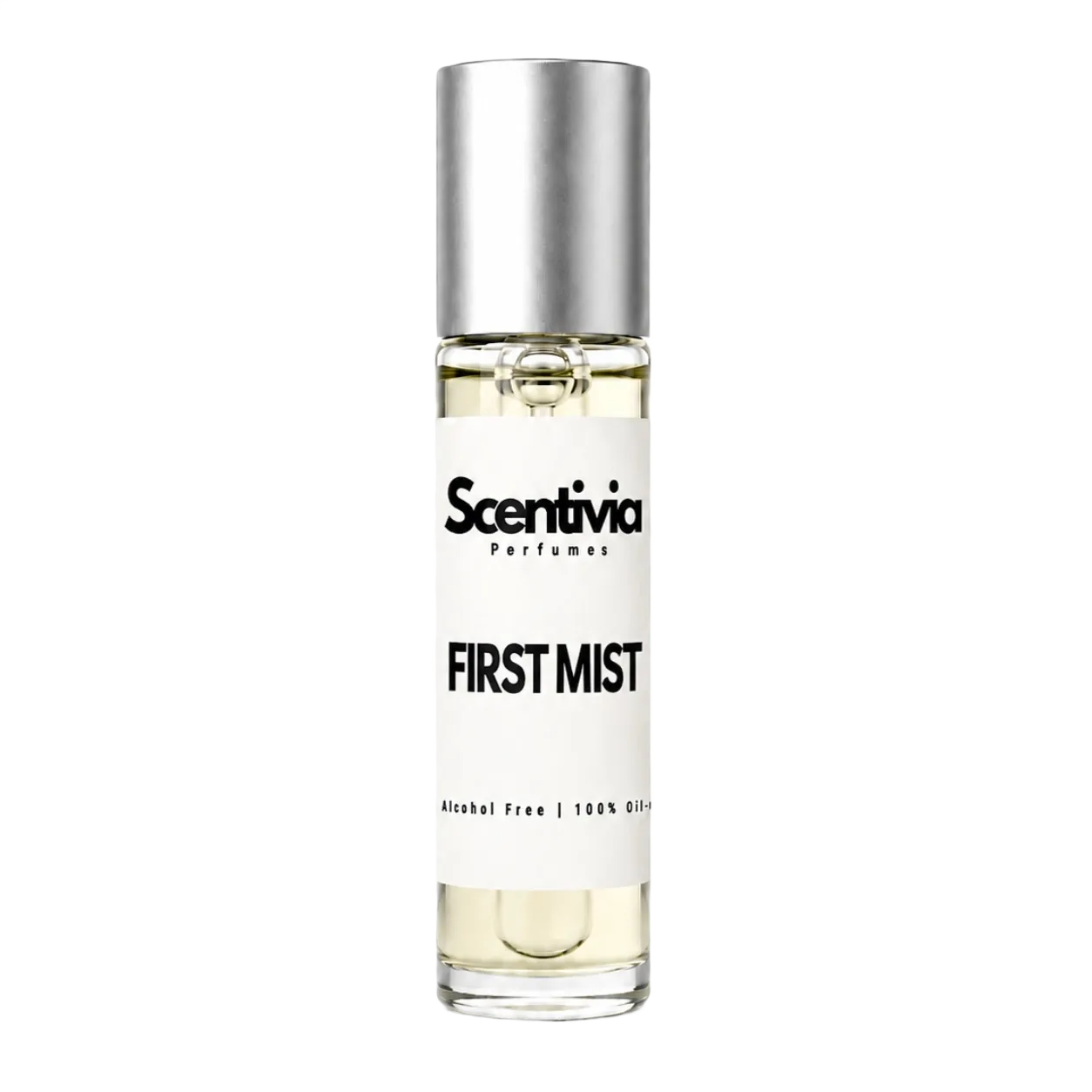 Perfume bottle labeled 'Scentivia First Mist' on a white background