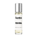 FRESH DENIAL roll-on perfume by Scentivia in a clear glass bottle with a silver cap, featuring a white label, pale golden fragrance oil, and alcohol-free, 100% oil-based formulation.

