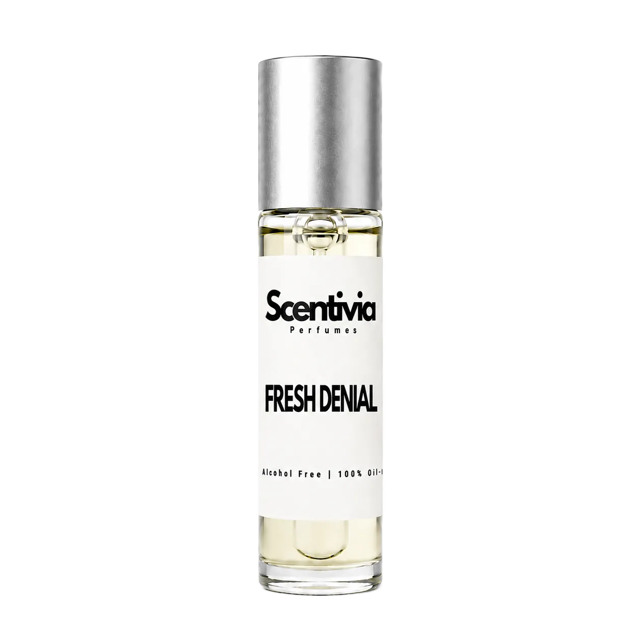 FRESH DENIAL roll-on perfume by Scentivia in a clear glass bottle with a silver cap, featuring a white label, pale golden fragrance oil, and alcohol-free, 100% oil-based formulation.
