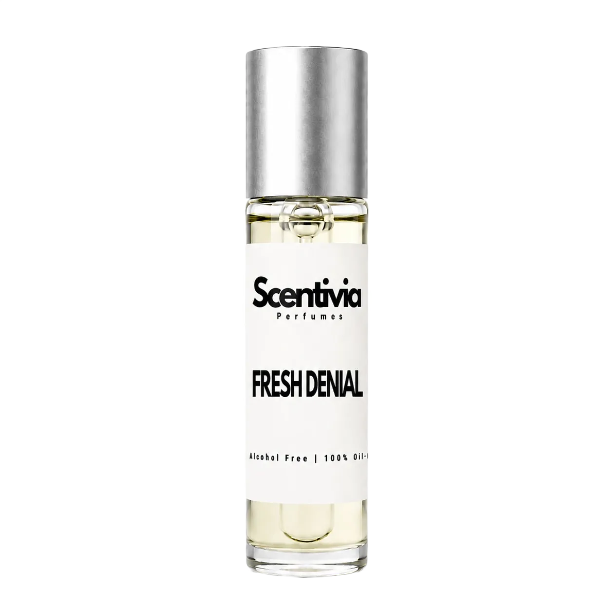 Perfume bottle labeled 'Fresh Denial' by Scentivia on a white background